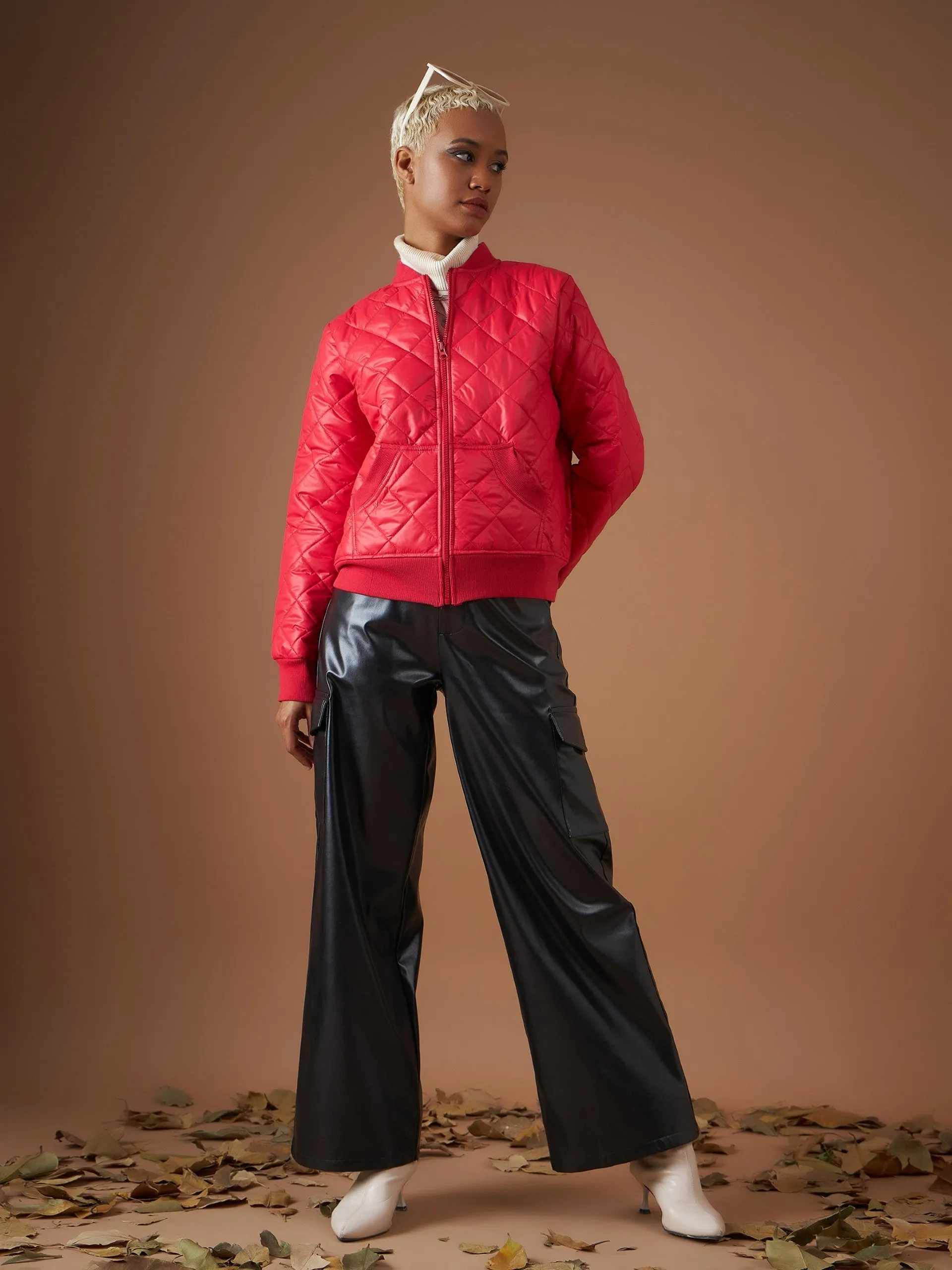 Women Red Diamond Quilted Bomber Jacket