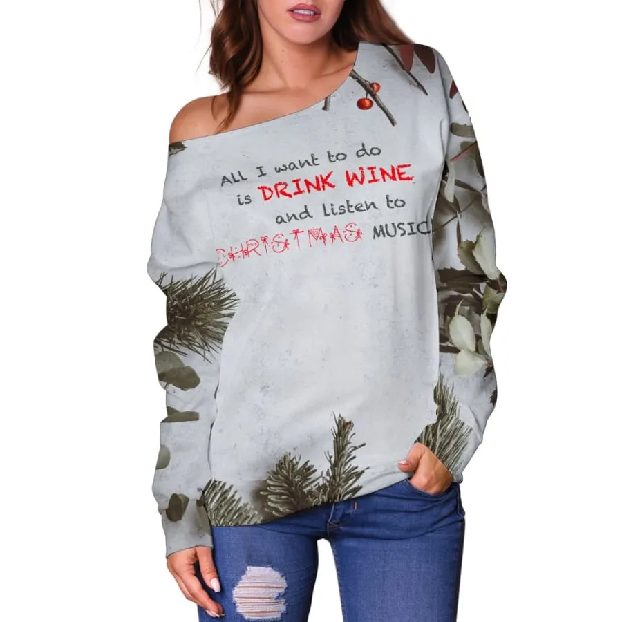 Women's Christmas Off Shoulder Sweaters - Music & Wine