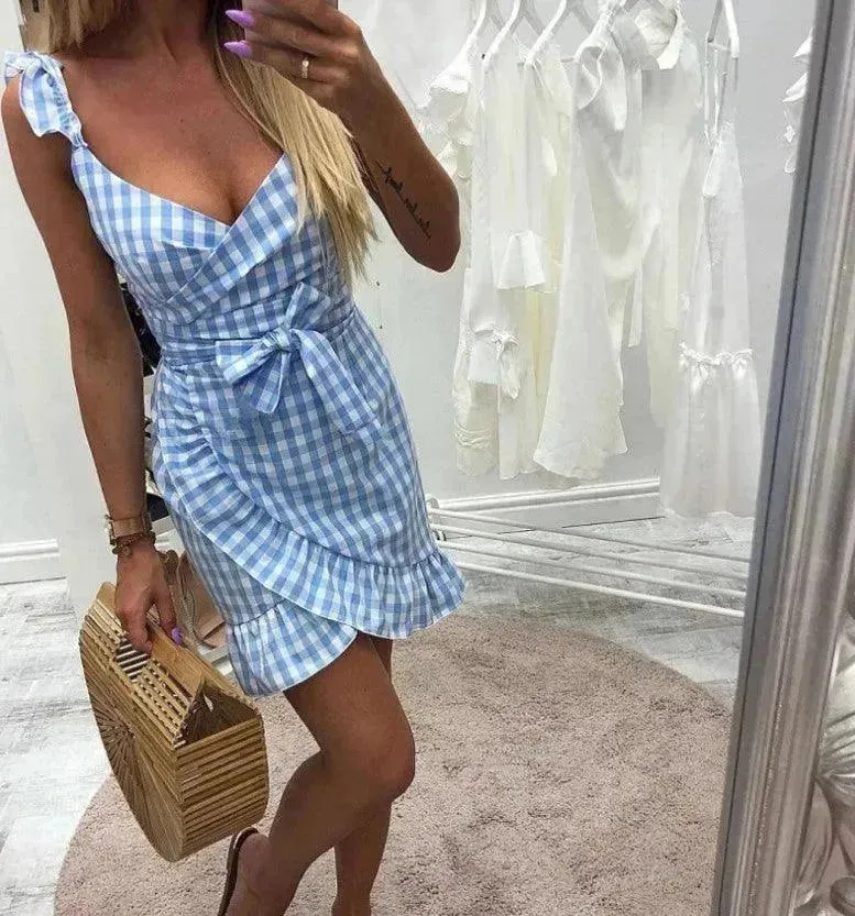 Women's Fashion Personality Summer Sleeveless Plaid Drawstring Casual Mini Dress