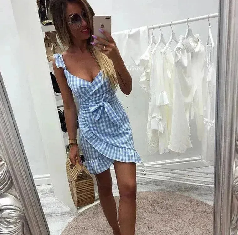 Women's Fashion Personality Summer Sleeveless Plaid Drawstring Casual Mini Dress