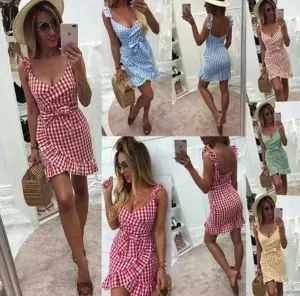 Women's Fashion Personality Summer Sleeveless Plaid Drawstring Casual Mini Dress