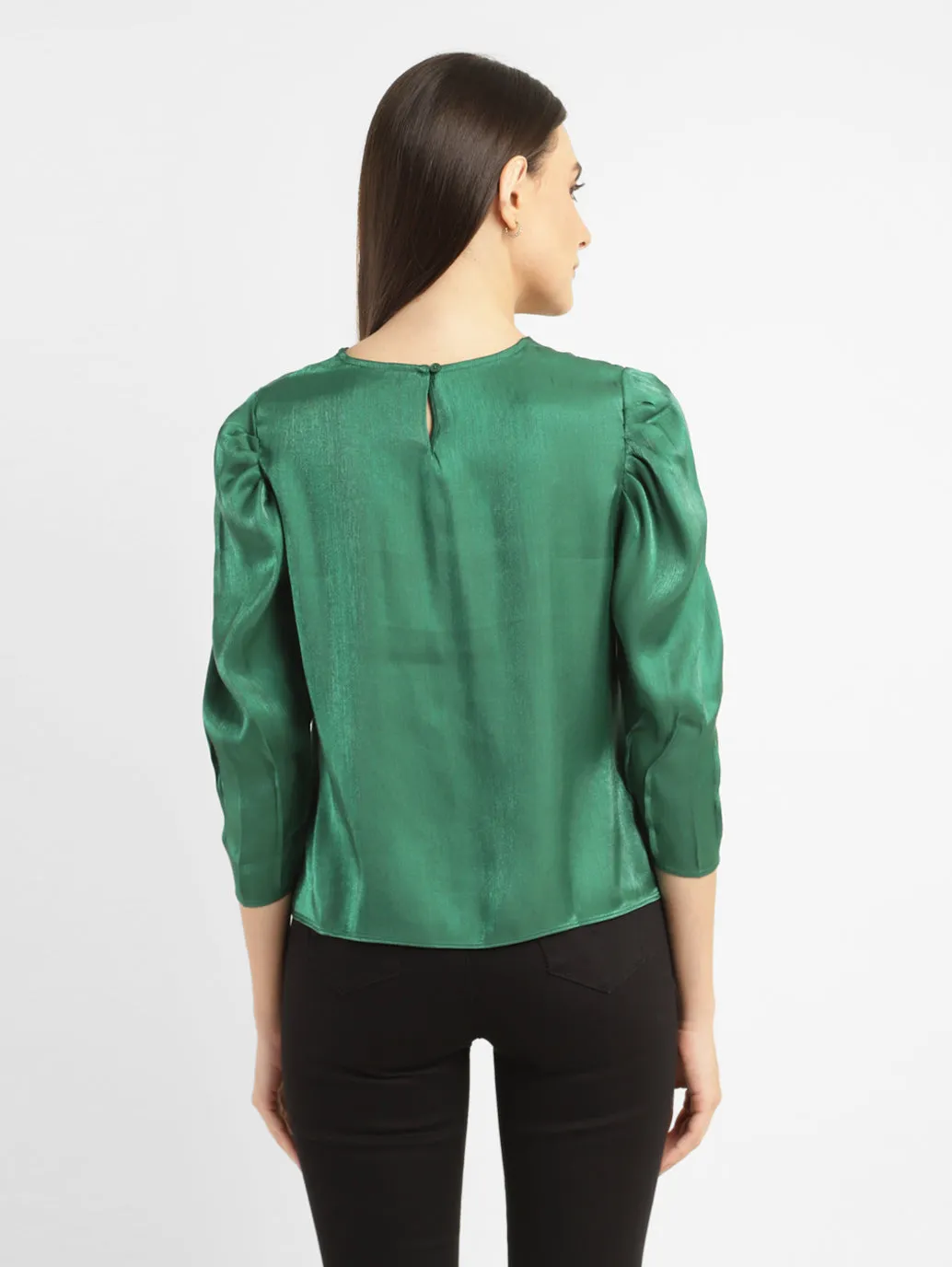 Women's Solid Green Round Neck Tops