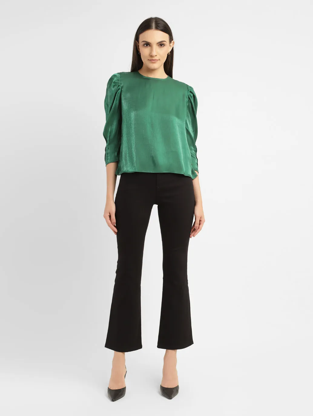 Women's Solid Green Round Neck Tops